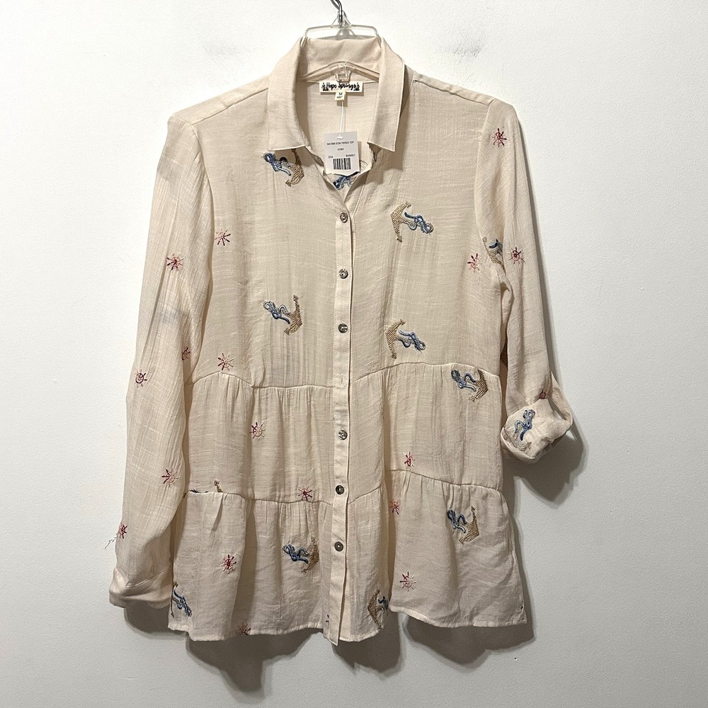 Hope Springs Blouse Shirt M‎ Nautical Anchors Tiered Roll Tab Sleeve Thin NEW